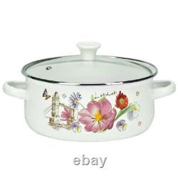 10 Pc Enamel Cookware Set Casserole Pots Lid Soup Stockpot Flowers White Pan Red