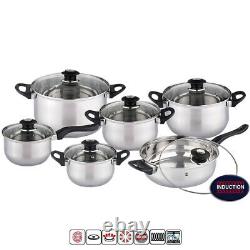 12Pc Stainless Steel Induction Hob Casserole Saucepan Stock Pot Fry Pan Cookware
