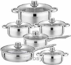 12-Piece Stainless Steel Cookware Pan Set, Pot Pans Induction Safe Glass Lids