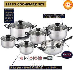 12pc Deluxe Quality Casserole Saucepan S/s Stock Pot Fry Pan Induction Cookware
