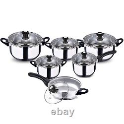 12pc INDUCTION PAN SET GLASS LIDS STAINLESS STEEL KITCHEN COOKWARE POT