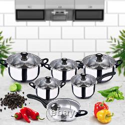 12pc INDUCTION PAN SET GLASS LIDS STAINLESS STEEL KITCHEN COOKWARE POT