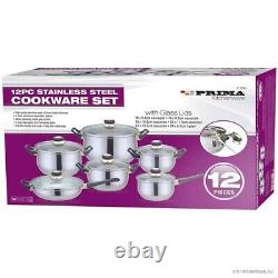 12pc Stainless Steel Cookware Saucepan Frypan Casserole Set With Glass LID