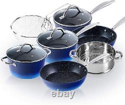 15 Pieces Blue Non-Stick Cook Ware Coated Pot Pan Set Includes Lids Frying And P