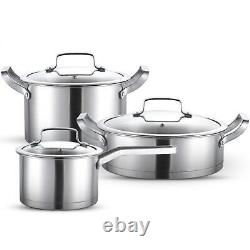 3Pcs Stainless Steel with Glass Lids Ergonomic Handle Cookware Cookware Set