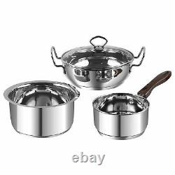 3 Pcs Vinod Stainless Steel Amalfi Cookware Set, Milk Pan, Tope, Wok with Lid