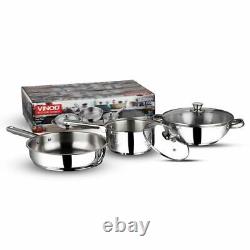 3 Pcs Vinod Stainless Steel Modena Cookware Set, Saucepan, Fry pan, Wok with Lid