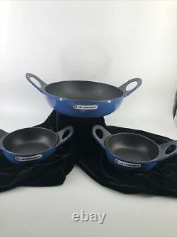 3 Pcs Vintage Le Creuset Blue Karahi Wok Dish Pan Vessel Serving Set