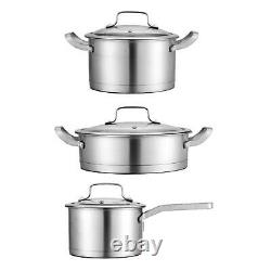 3x Cookware Set Cooking Set Saucepan Works with Glass Lids Stainless Steel