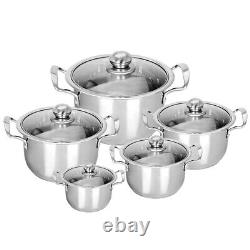 5PC Stainless Steel Casserole Stockpot Pans Set With Glass Lids Kitchen Cookware