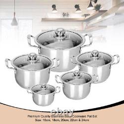 5PC Stainless Steel Kitchen Cookware Casserole Stockpot Pans Set With Glass Lids