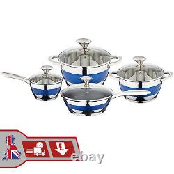 8Pc Induction Hob Cookware Set Blue Stripe Stainless Steel Saucepan Casserole