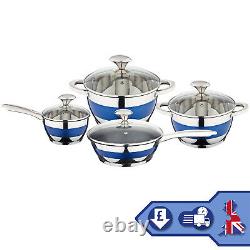 8 Pc Induction Hob Cookware Set Blue Stripe Stainless Steel Casserole Saucepan