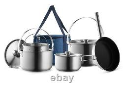 Camping Cookware Set 304 Stainless Steel 8-Piece Pot & Pan Kit Compact Outdoors