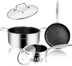Cookware Nonstick Pots and Pans Set Stainless Steel, 5Pcs Kitchen Cookware Even