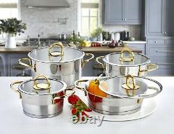 Evimsaray Elit Series 8-piece Stainless Steel Cookware Set (Gold Handles)