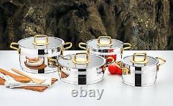 Evimsaray Safir Series 8-piece Stainless Steel Cookware Set (Gold Handles)