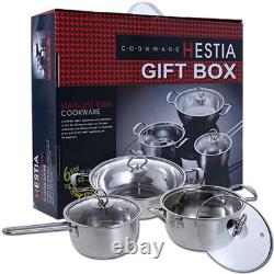 Kitchen Cookware Stainless Steel Glass LID 6pcs Hob Casserole Wok Saucepan Set
