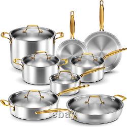 Legend Stainless Steel Cookware Set 5-Ply Copper Core 14-Piece with Gold Handl