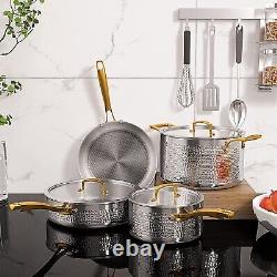 Life Pots and Pans Set, Tri-Ply Stainless Steel Hammered Kitchen Cookware