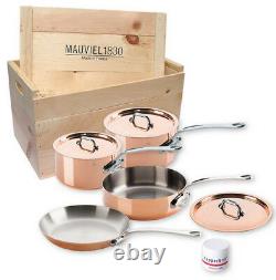 Mauviel M'150s 7 Piece Copper Cookware Set Cast Stainless Handles Wooden Crate