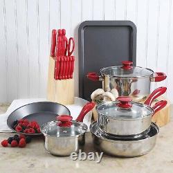 MegaChef 22 Piece Red Aluminum & Stainless Steel Cookware Combo Set Tempered Lid