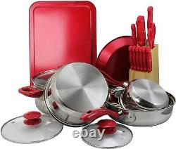 MegaChef 22 Piece Red Aluminum & Stainless Steel Cookware Combo Set Tempered Lid