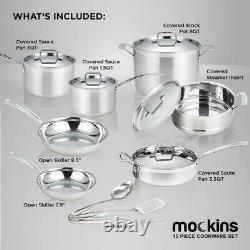 Mockins Cookware Set 15-Piece Premium Grade Stainless Steel Oven Safe Lid Silver