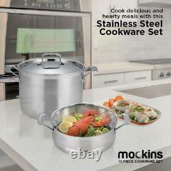 Mockins Cookware Set 15-Piece Premium Grade Stainless Steel Oven Safe Lid Silver