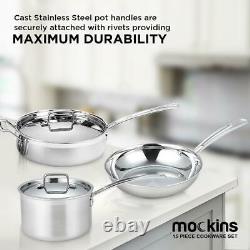 Mockins Cookware Set 15-Piece Premium Grade Stainless Steel Oven Safe Lid Silver