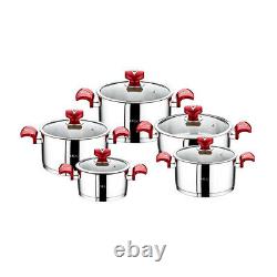 OMS Silver Red 1013 Stainless Steel Cookware Cylinder Shape Casserole Set 10Pc