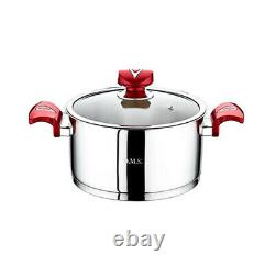 OMS Silver Red 1013 Stainless Steel Cookware Cylinder Shape Casserole Set 10Pc