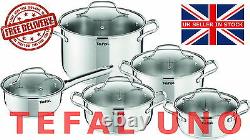 TEFAL UNO STAINLESS STEEL COOKWARE SET 10 PCS GLASS LID POTS KITCHEN induction