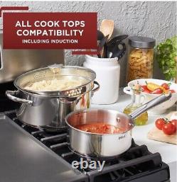 T-Fal Cook & Strain Stainless Steel Cookware Set, 14-Piece Set, NEW