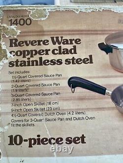 VTG. REVERE WARE 1801 Copper Clad Bottom 10 Pc. Cookware Pot Pan Set NEW OS! USA