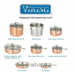 Viking 13 piece Tri-Ply Copper Finish Cookware Set Glass Lids Strong Handles