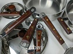 Vintage Cuisinarts 8 pc Copper Core Stainless Steel Cookware Teak Wood Handles