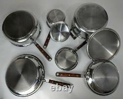 Vintage Cuisinarts 8 pc Copper Core Stainless Steel Cookware Teak Wood Handles